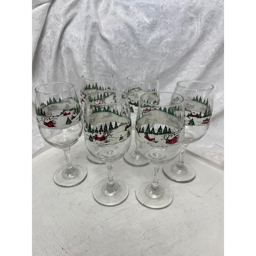 Libbey Winter Village Wine Glasses Set of 6 Christmas Holiday Snow Scene Stemmed